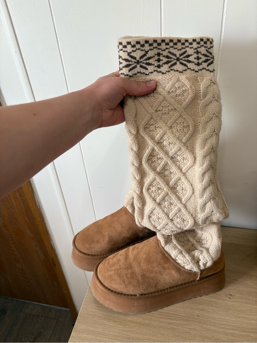 Knee-High Cable Knit Boots in Cream with Black Trim